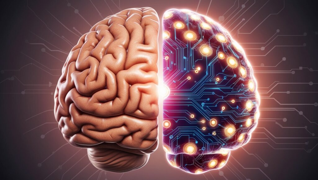 A brain split into half human and half AI.